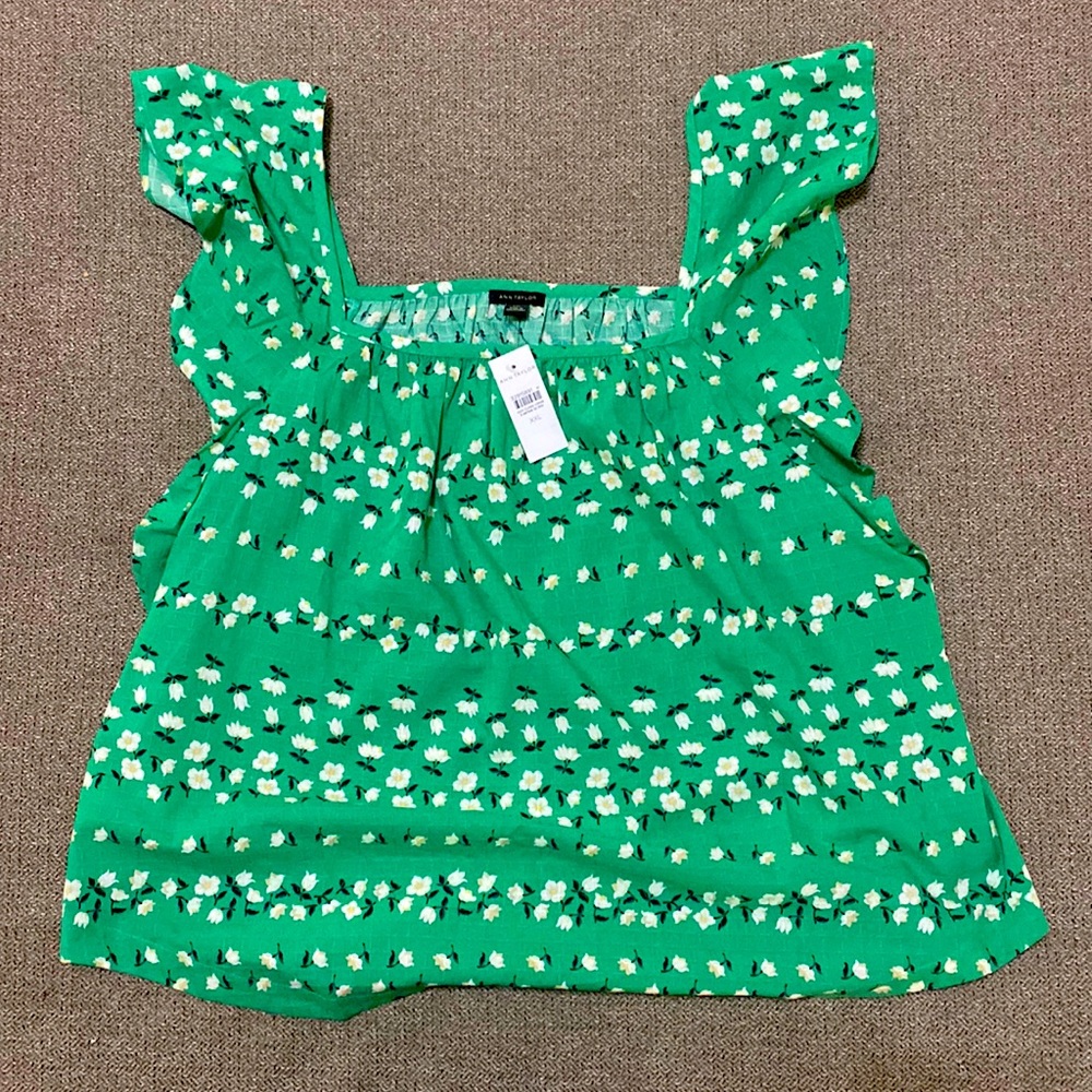 NWT-Ann Taylor-Floral Chain Square Neck Ruffle Sleeve Top-XXL